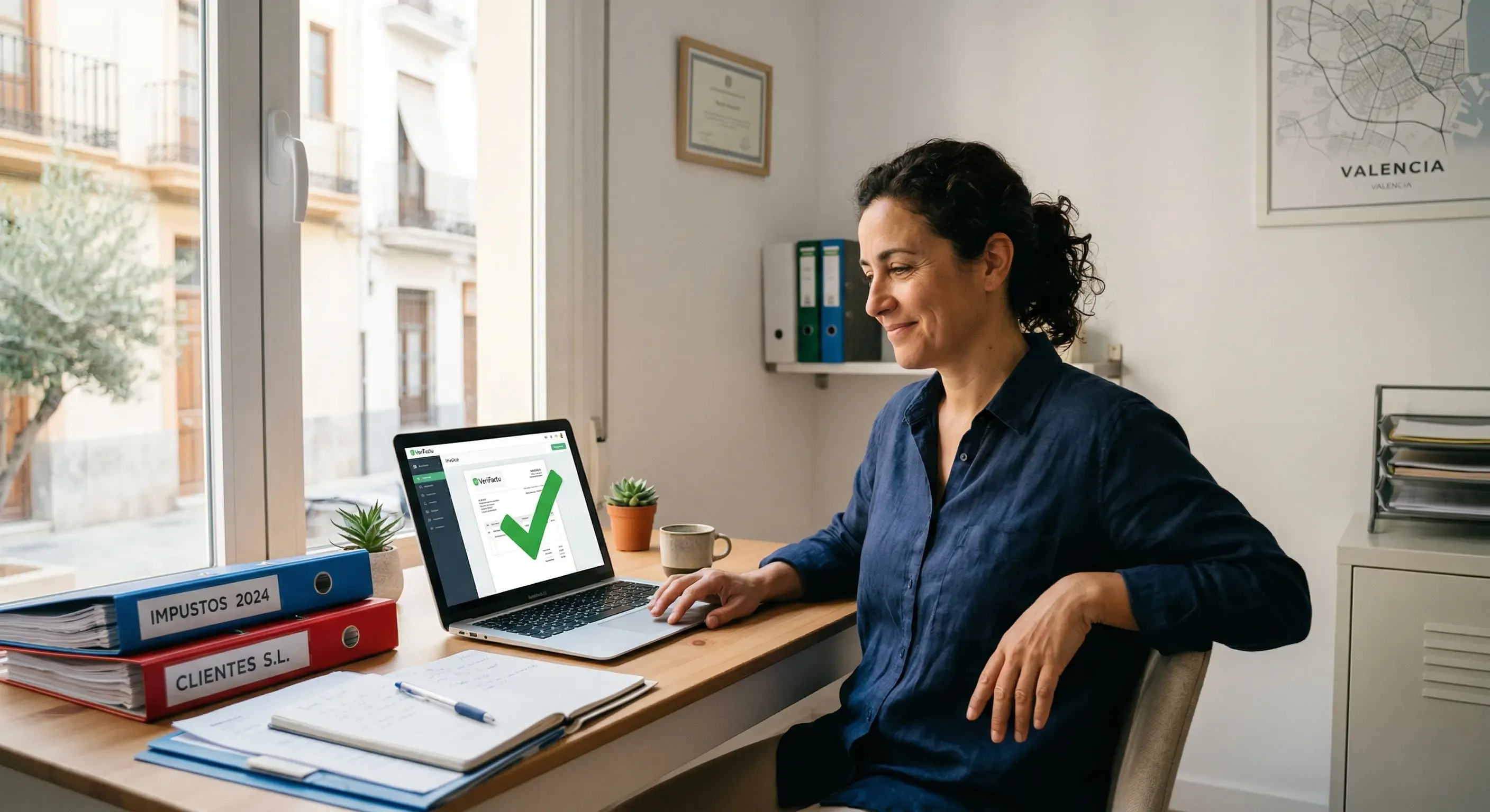 Professional preparing VeriFactu compliance and e-invoicing from an office desk