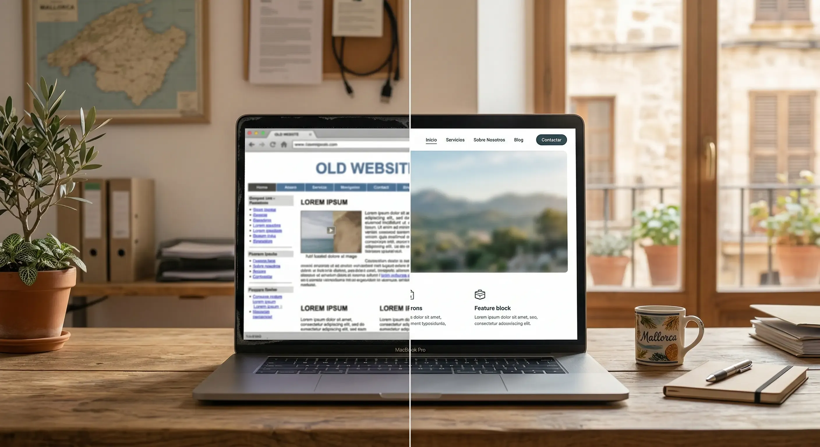 Laptop showing the redesign of a business website with a Mallorca setting in the background