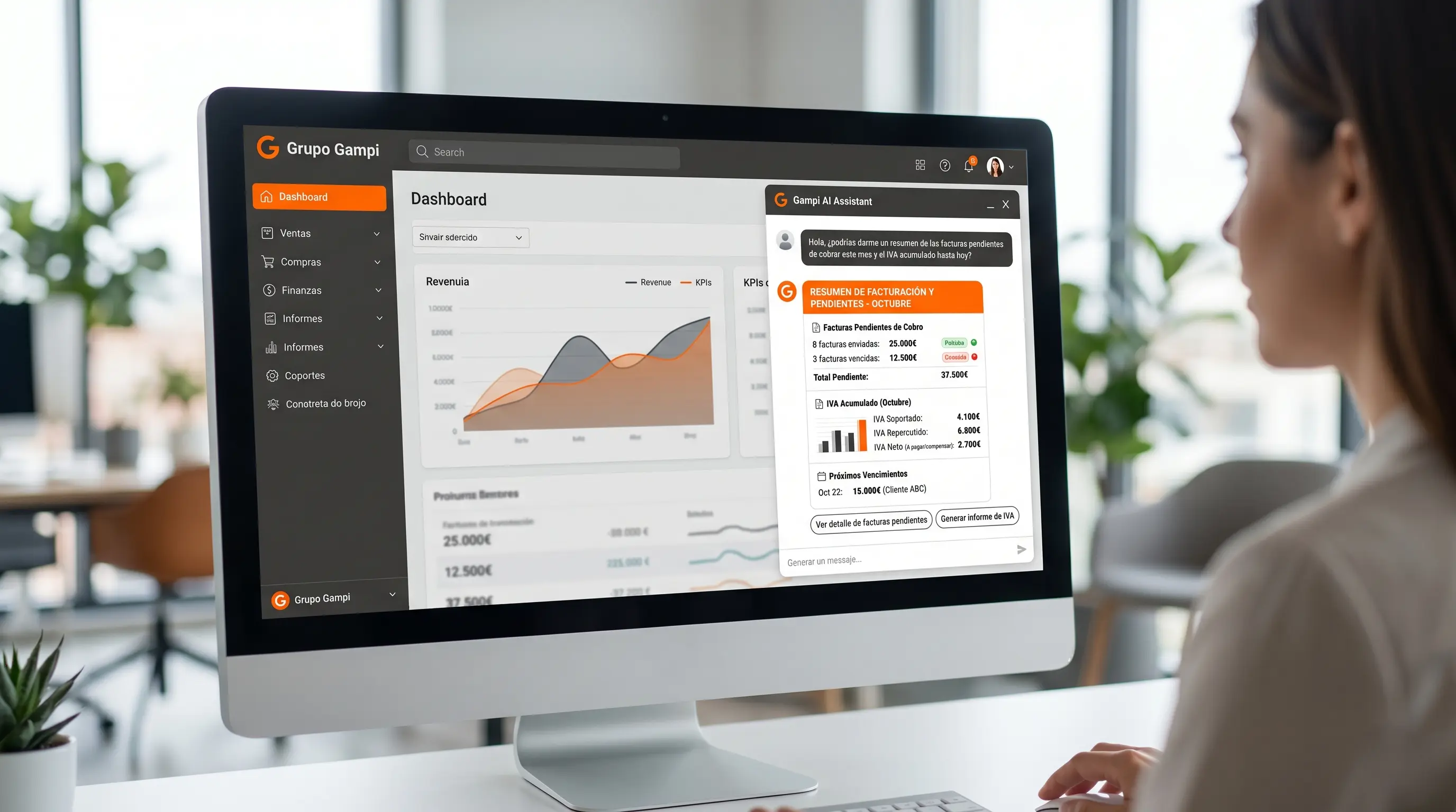 Asistente ERP contextual consultando facturas pendientes con permisos de usuario