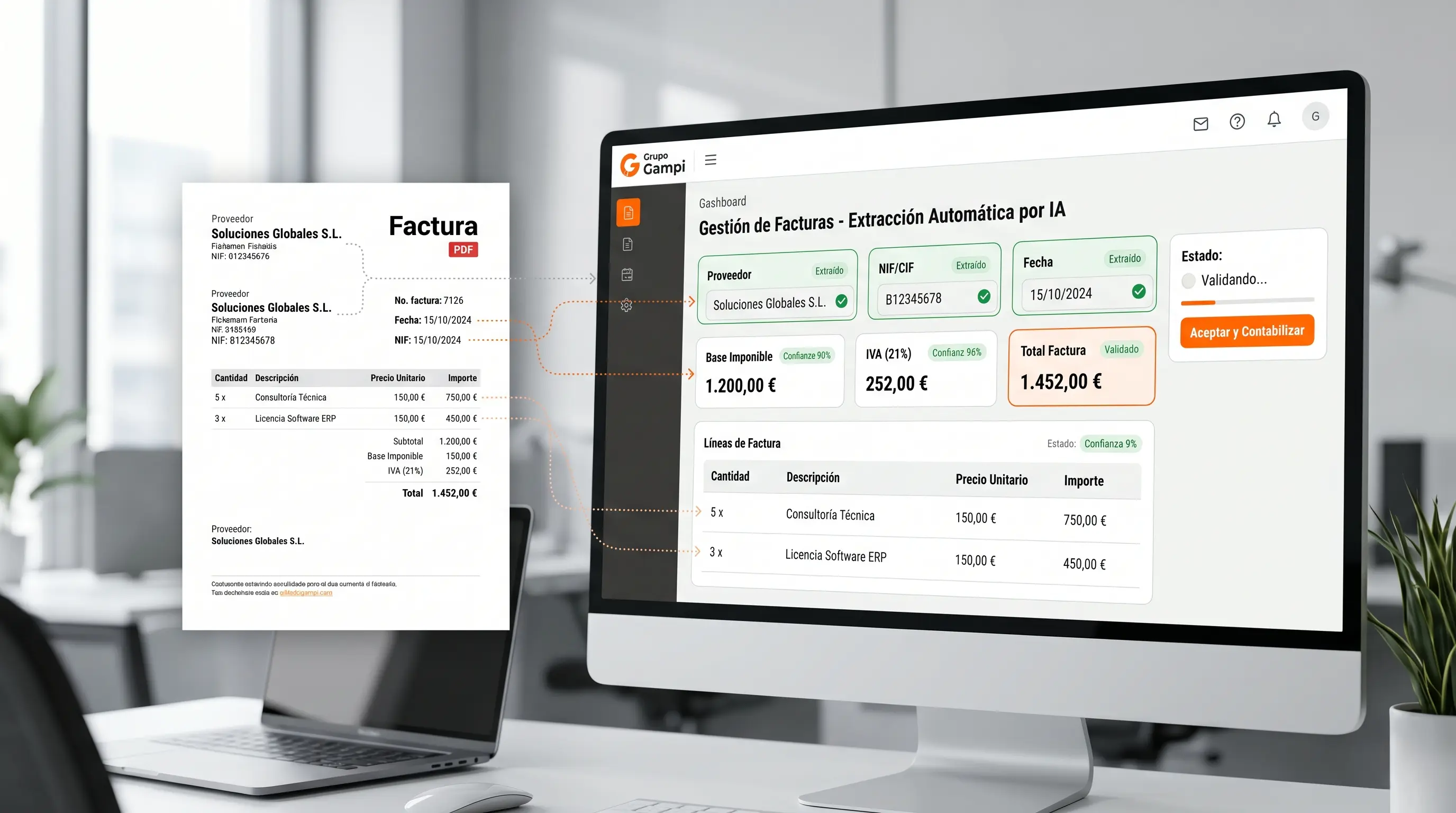 OCR con inteligencia artificial para extraer datos de facturas en el ERP de Grupo Gampi